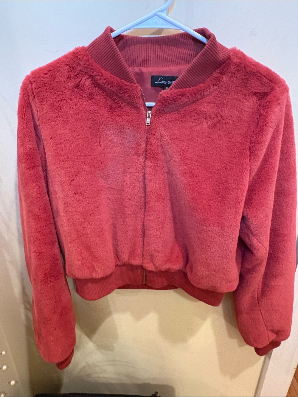 Love university-Faux Fur Bomber Jacket - dark Rose Pink